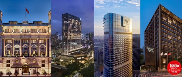 从左到右：上海外滩华尔道夫酒店、厦门华尔道夫酒店、成都华尔道夫酒店、北京华尔道夫酒店