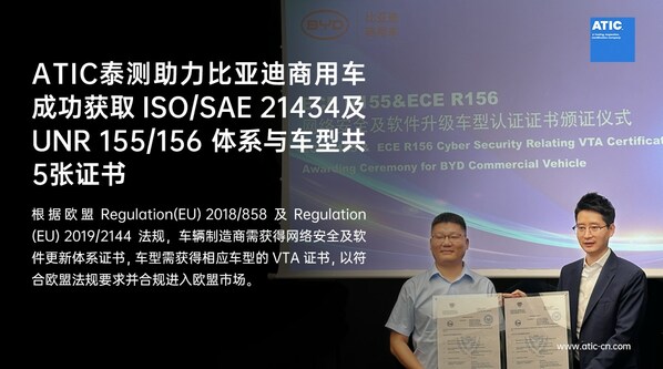 ATIC泰测助力比亚迪商用车成功获取ISO/SAE 21434及UN R155/156体系与车型共5张证书